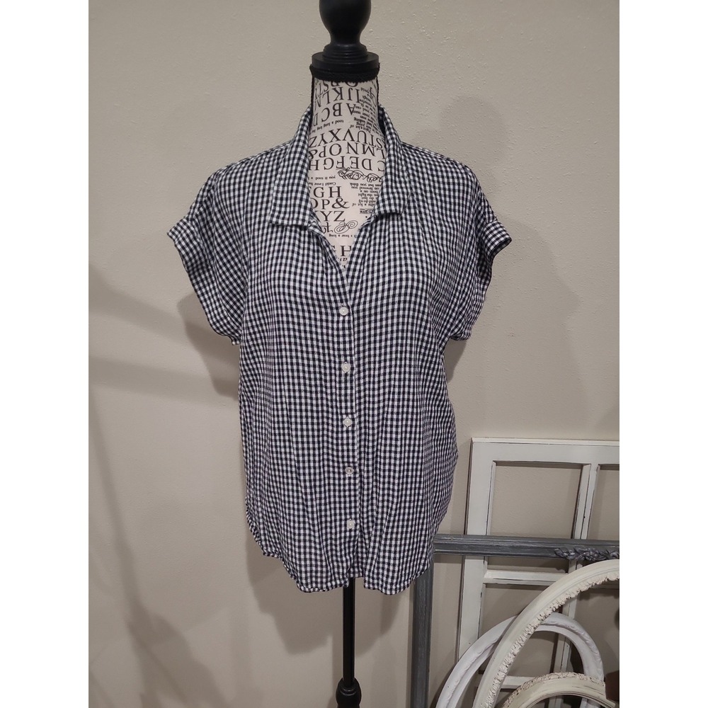 Lucky Brand Women SZ M black/wht gingham button down Top cap sleeve nautical